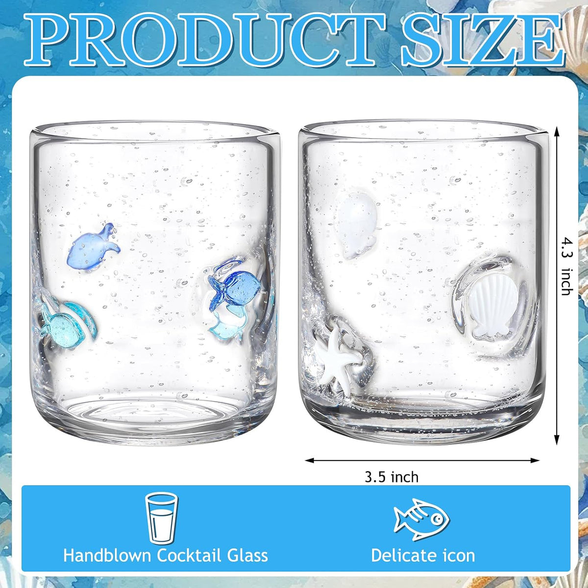 2 Pack 14oz Icon Juice Glass Cups Stemless Wine Drinking Juice Glass Cup Sea Shell Small Fish Star Design Iced Coffee Tumblers for Summer Women Girls Gift Set