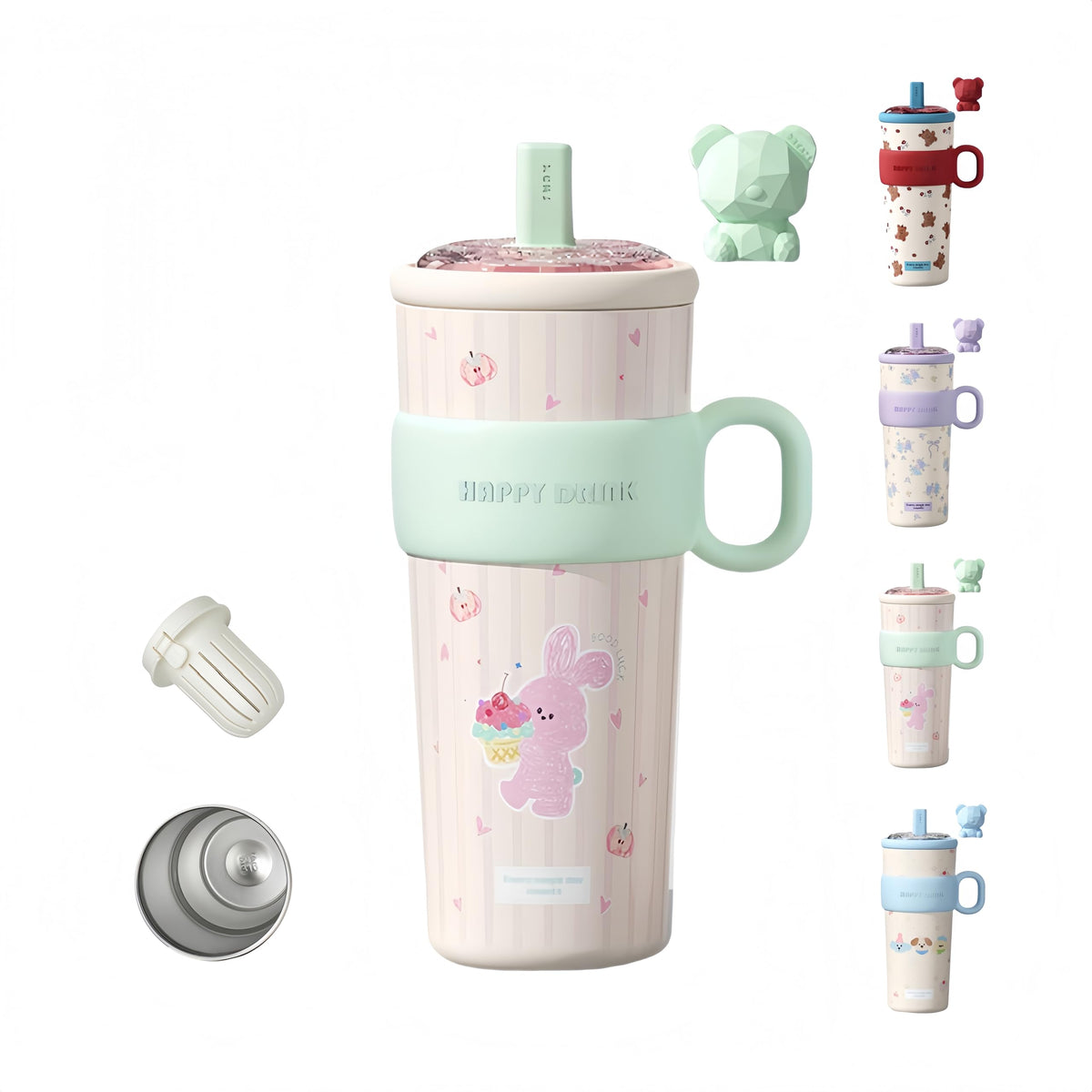 21oz Cute Bear Car Cup with Straw & Cap, Leak-Proof Portable Mug with Tea Strainer, Insulated for Hot/Cold - Ideal for Car, Office, Outdoor (Purple)