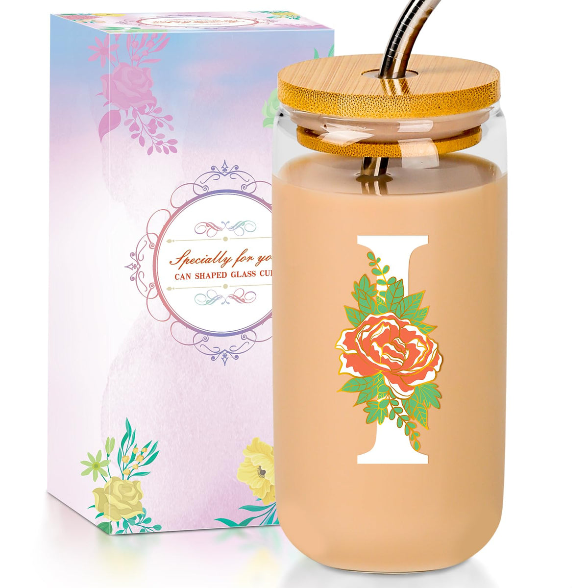 16 Oz Initial Glass Cup with Lid and Straw Personalized Color-Changing