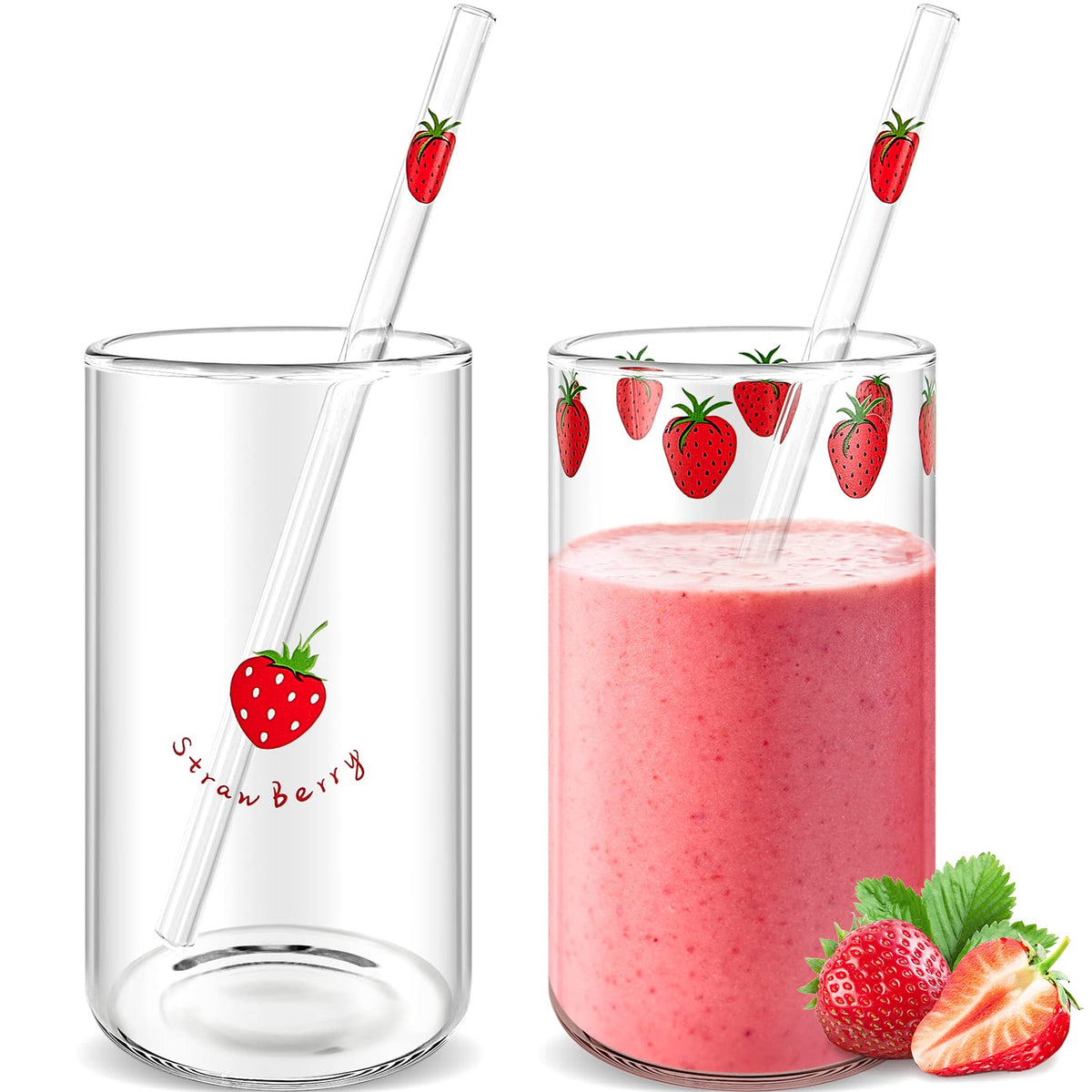 Tessco for you 2 Set Strawberry Glass Cup with Straw Clear Drinking Tumbler
