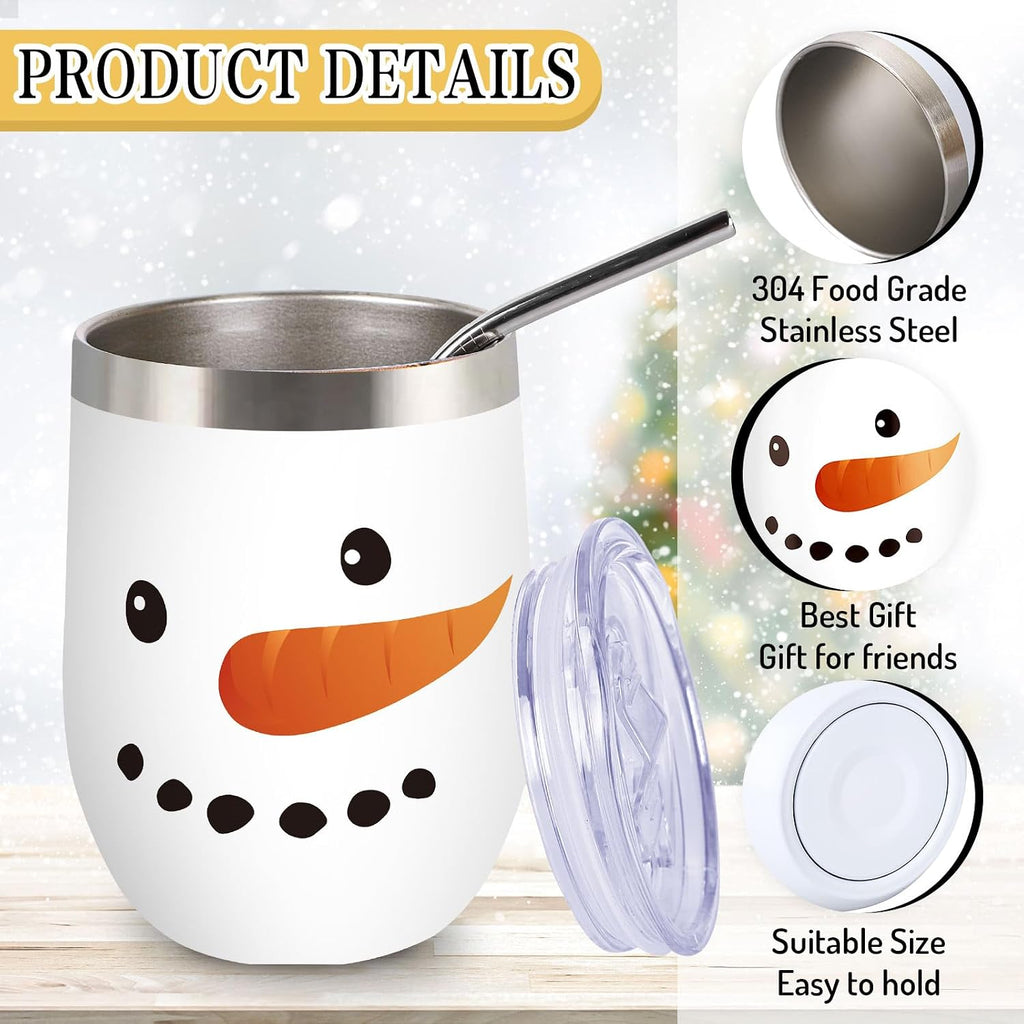 Whaline 2 Pcs Christmas Stainless Steel Wine Tumbler 12 oz Xmas Winter Snowman Insulated Coffee Cups Tumbler Mug with Lid and Straw for Women Girlfriend Besties Wife Lover Spouse Gifts