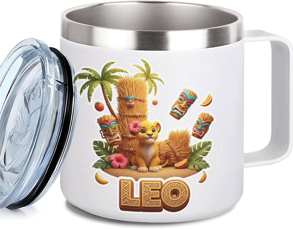 Leo Personalized Kids Mug with Lid, 10 oz Stainless Steel Insulated Camp Cup, Cartoon Lion Tropical Tiki Theme