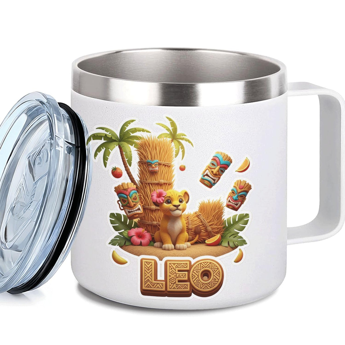 Leo Personalized Kids Mug with Lid, 10 oz Stainless Steel Insulated Camp Cup, Cartoon Lion Tropical Tiki Theme