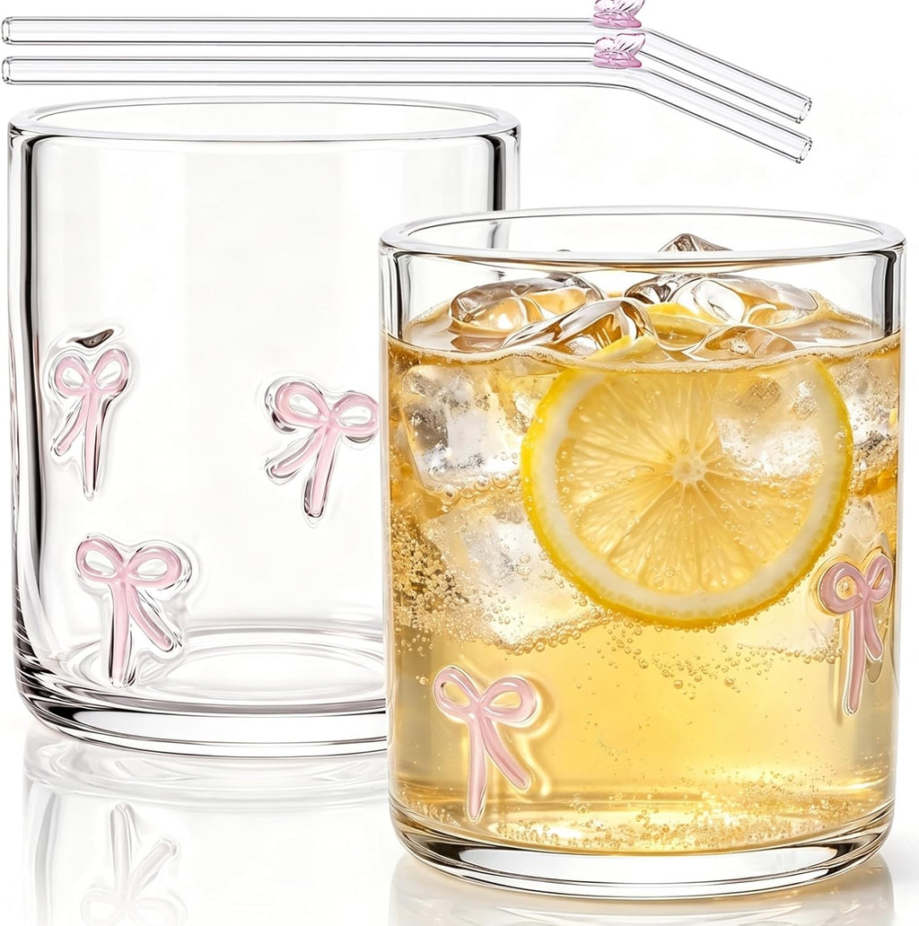 Goaste 2 Pack Cute 3D Pink Bow Glass Cups with Straws, 18oz Clear Coquette Aesthetic Iced Coffee Tumbler, Girly Preppy Drinking Glasses, Birthday Valentine Mug Gifts for Women Teen Girls Girlfriends