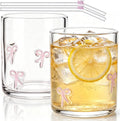 Goaste 2 Pack Cute 3D Pink Bow Glass Cups with Straws, 18oz Clear Coquette Aesthetic Iced Coffee Tumbler, Girly Preppy Drinking Glasses, Birthday Valentine Mug Gifts for Women Teen Girls Girlfriends