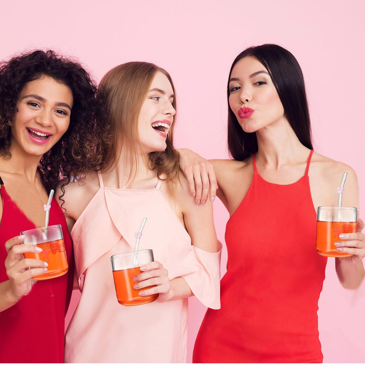 Skylety 2 Set Pink Bow Icon Juice Glasses, 14 oz Cocktail Cups with Straws