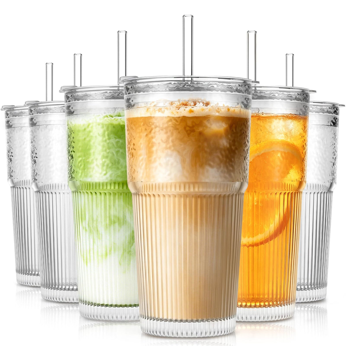 SoulTimes 20oz Ribbed & Floral Glass Tumbler with Lid and Straw – Iced Coffee Glasses Cups for Smoothie, Matcha, Juice, Water etc. Leakproof and Reusable Glassware Drinking for Travel To Go [2Pcs]