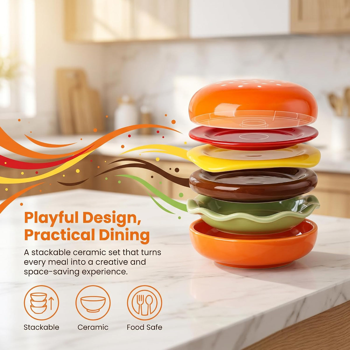 6-Piece Stackable Burger Plate Set, Novelty Ceramic Hamburger Plates Set, Cute Burger-Shaped Tableware, Durable Stackable Dipping Bowls for Snack Dessert Sushi Condiment Party BBQ Home Decor