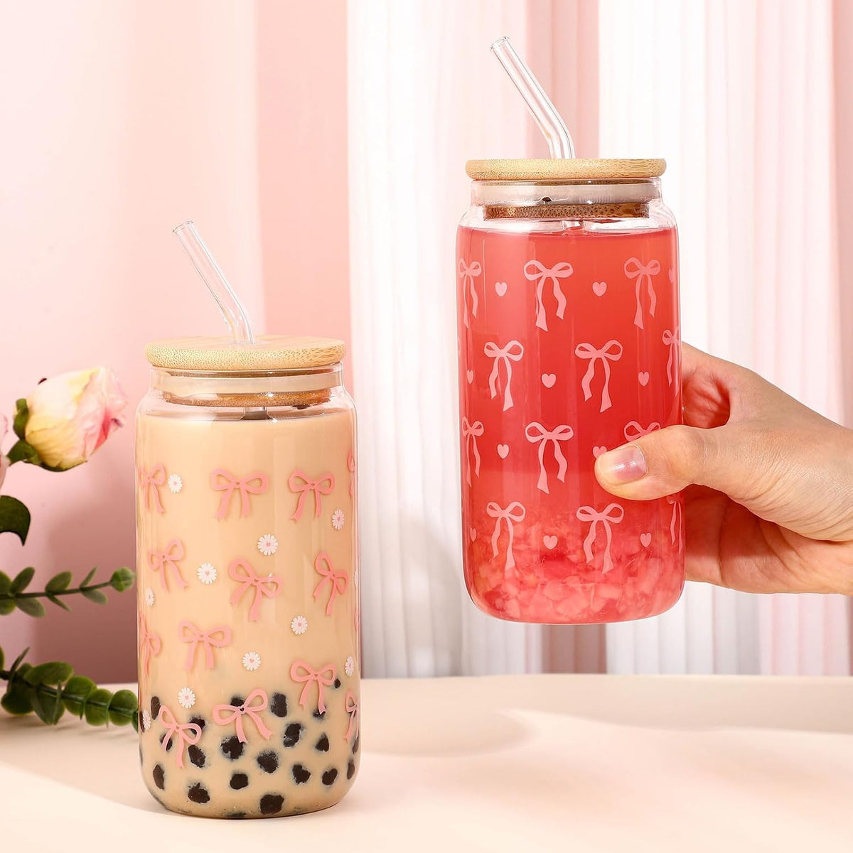 2 Pcs Cute Pink Bow Glass Cups with Lid and Straws Preppy Stuff For Girls