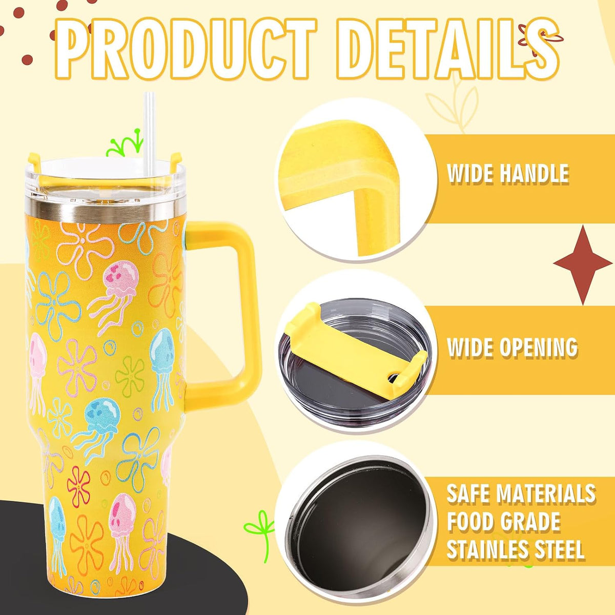 Whaline 40 Oz Cartoon Sponge Tumbler with Handle Straw and Lid Ocean Themed Travel Tumbler Flower Bubble Jellyfish Coffee Cup for Friend Summer Holiday Birthday Party Favors