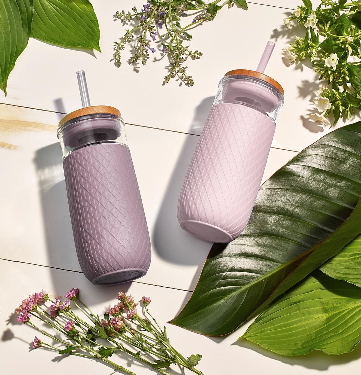 Ello Devon 18oz Glass Tumbler with Straw & Bamboo Lid for Iced Coffee, Pink