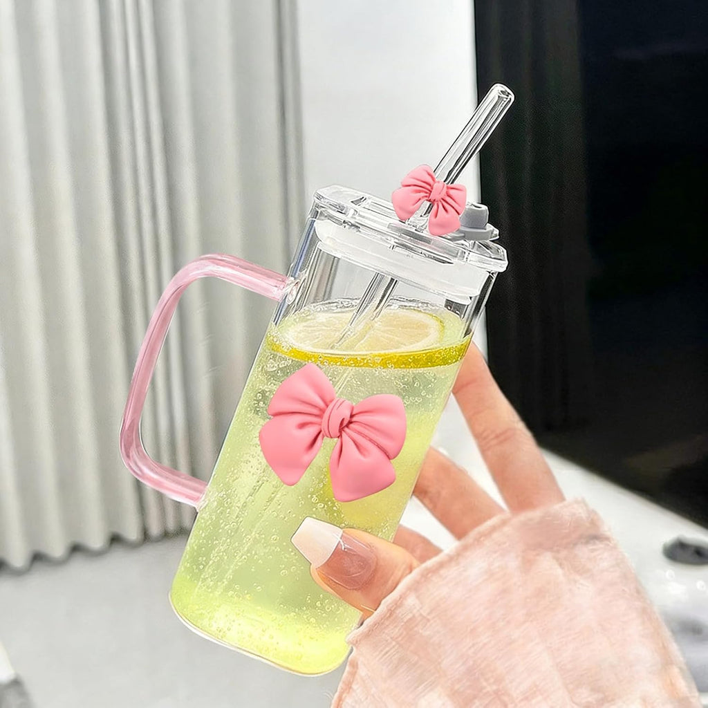 13Oz Square Glass Cups with Lids and Straws Cute Glass Tumbler with Handle