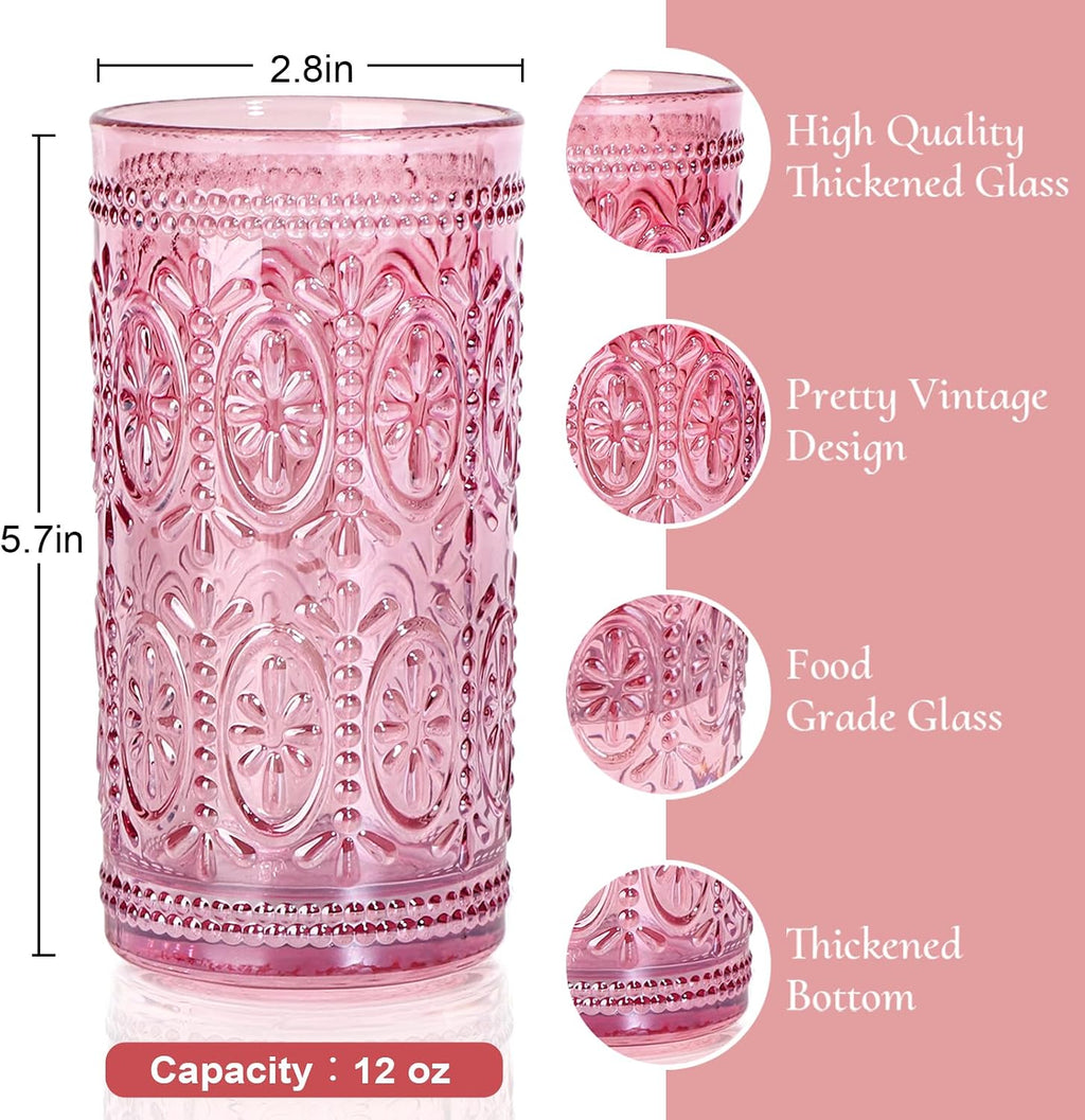 abrwyy Pink Drinking Glasses, 12oz Pink Glassware, Vintage Glassware