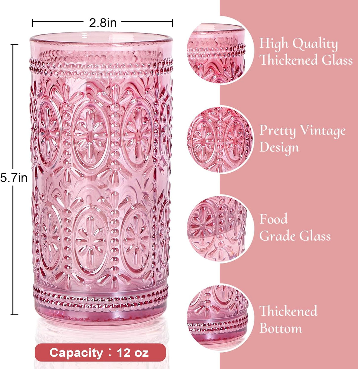 abrwyy Pink Drinking Glasses, 12oz Pink Glassware, Vintage Glassware
