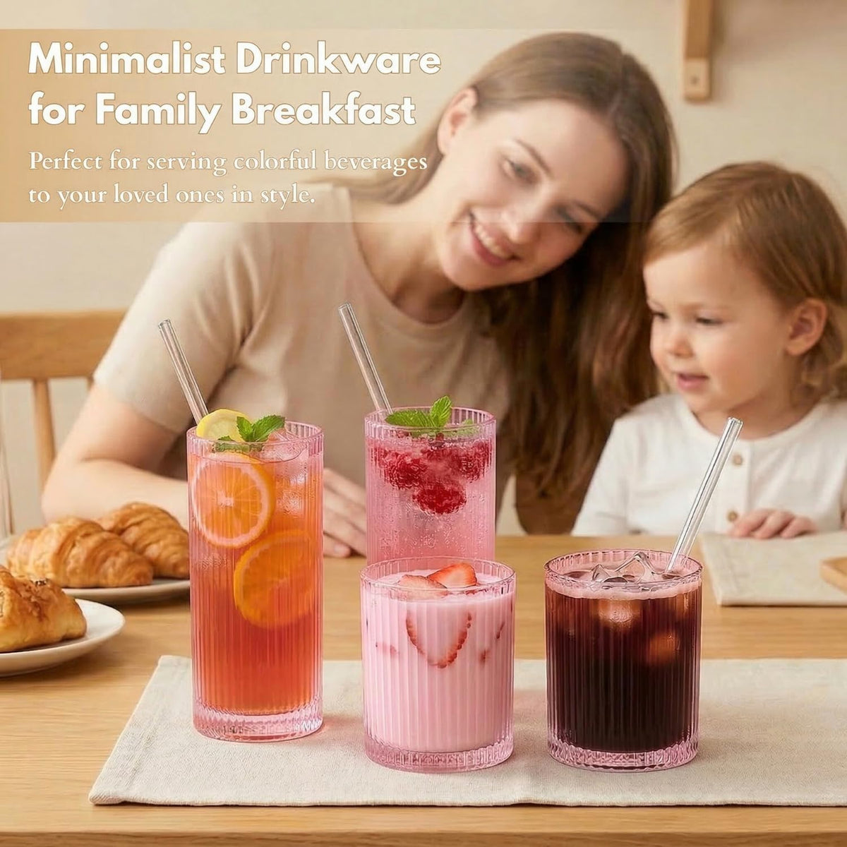 Ribbed Glass Cups with Straws, Pink Glass Drinking Cups, Drinking Glasses Set of 8, 13oz Highball & 10oz Water Glasses, Vintage Kitchen Glassware Set for Juice, Whiskey, Coffee, Cocktail