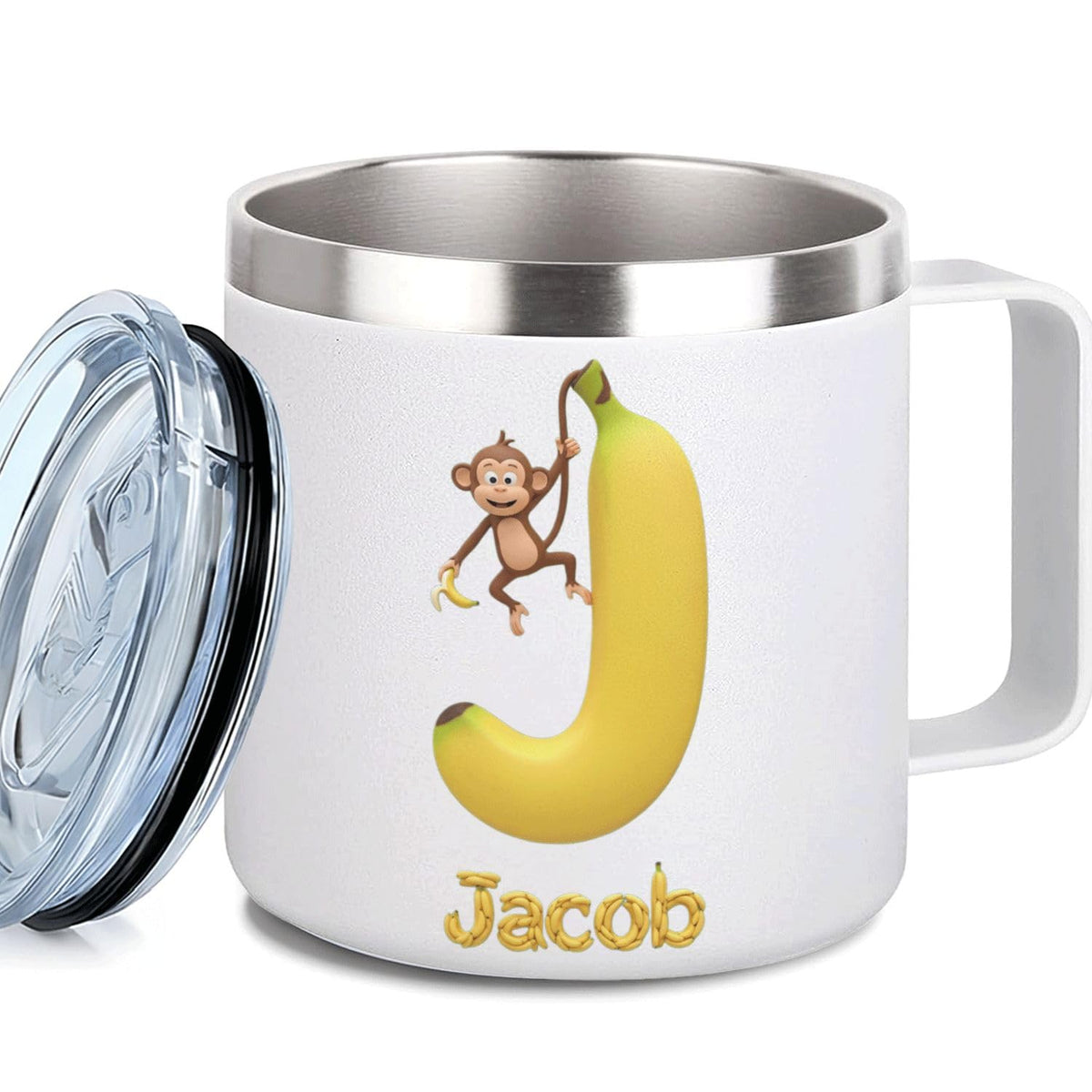 Leo Personalized Kids Mug with Lid, 10 oz Stainless Steel Insulated Camp Cup, Cartoon Lion Tropical Tiki Theme