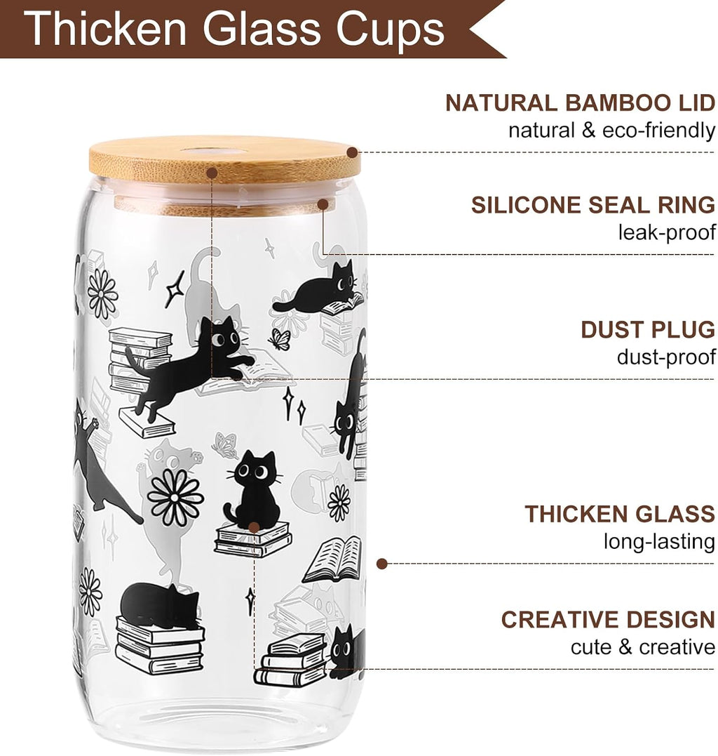 KORHONEN Cute Cat Gifts for Women, Halloween Black Cat Book Lover Glass Cup