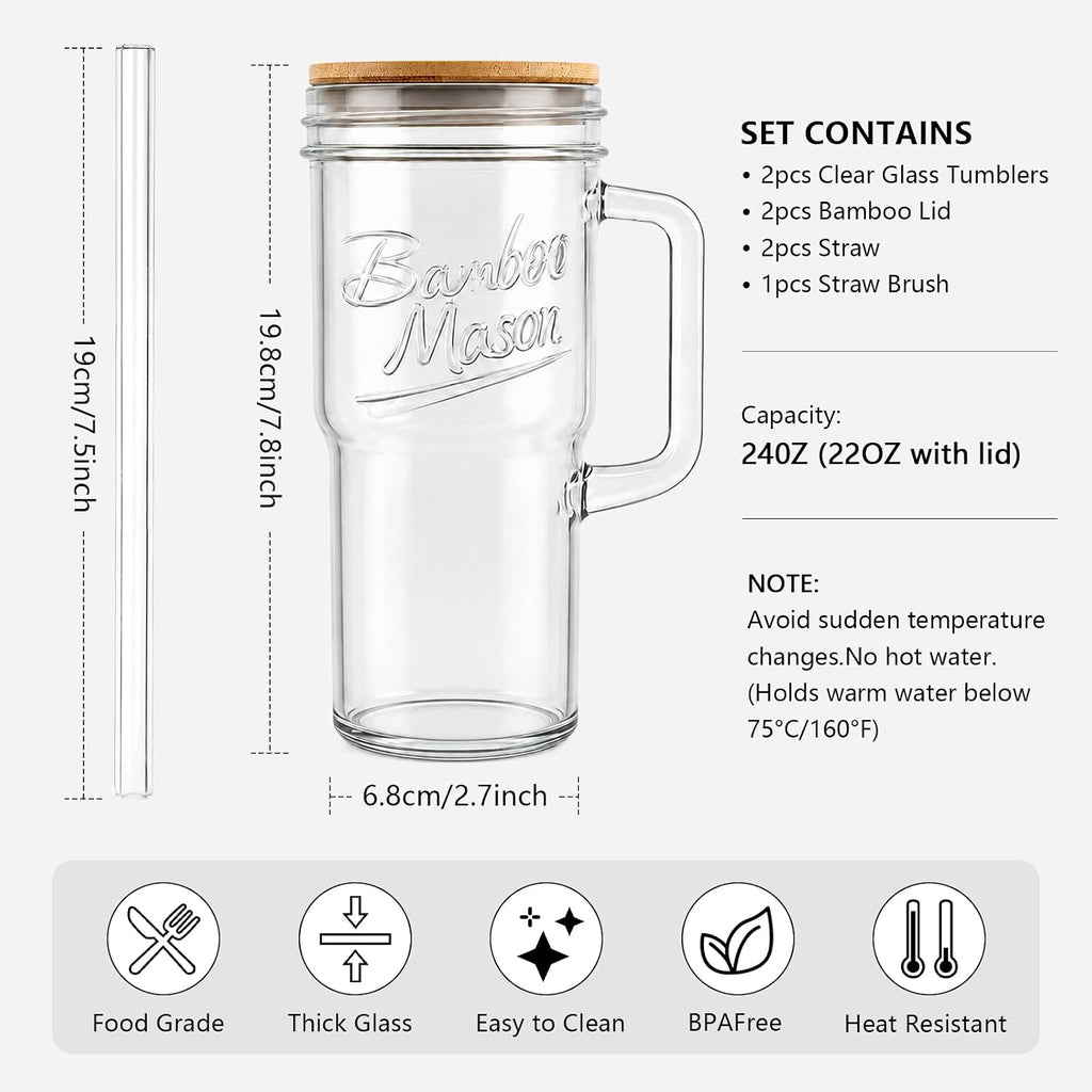 ANOTION Glass Cups with Lids and Straws - 24oz Tumbler with Handle Coffee Cups Glass Straws Glasses Mason Jar Cups Drinking Set Kitchen Essentials Coffee Bar Accessories House Warming Gifts New Home
