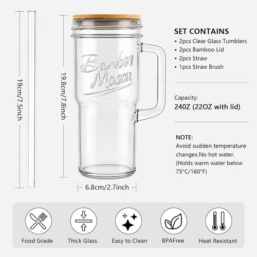 ANOTION Glass Cups with Lids and Straws - 24oz Tumbler with Handle Coffee Cups Glass Straws Glasses Mason Jar Cups Drinking Set Kitchen Essentials Coffee Bar Accessories House Warming Gifts New Home