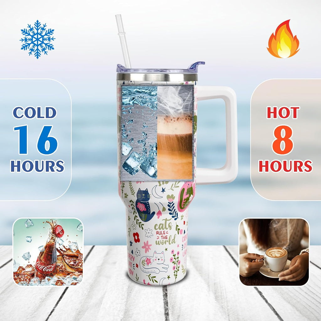 40 oz Cat Tumbler with Handle and Straw, Cute Cartoon Stainless Steel Vacuum Insulated Travel Coffee Mug Cup Water Bottle, Cats Stuff Accessories Decor, Cat Lover Gifts for Women Girls