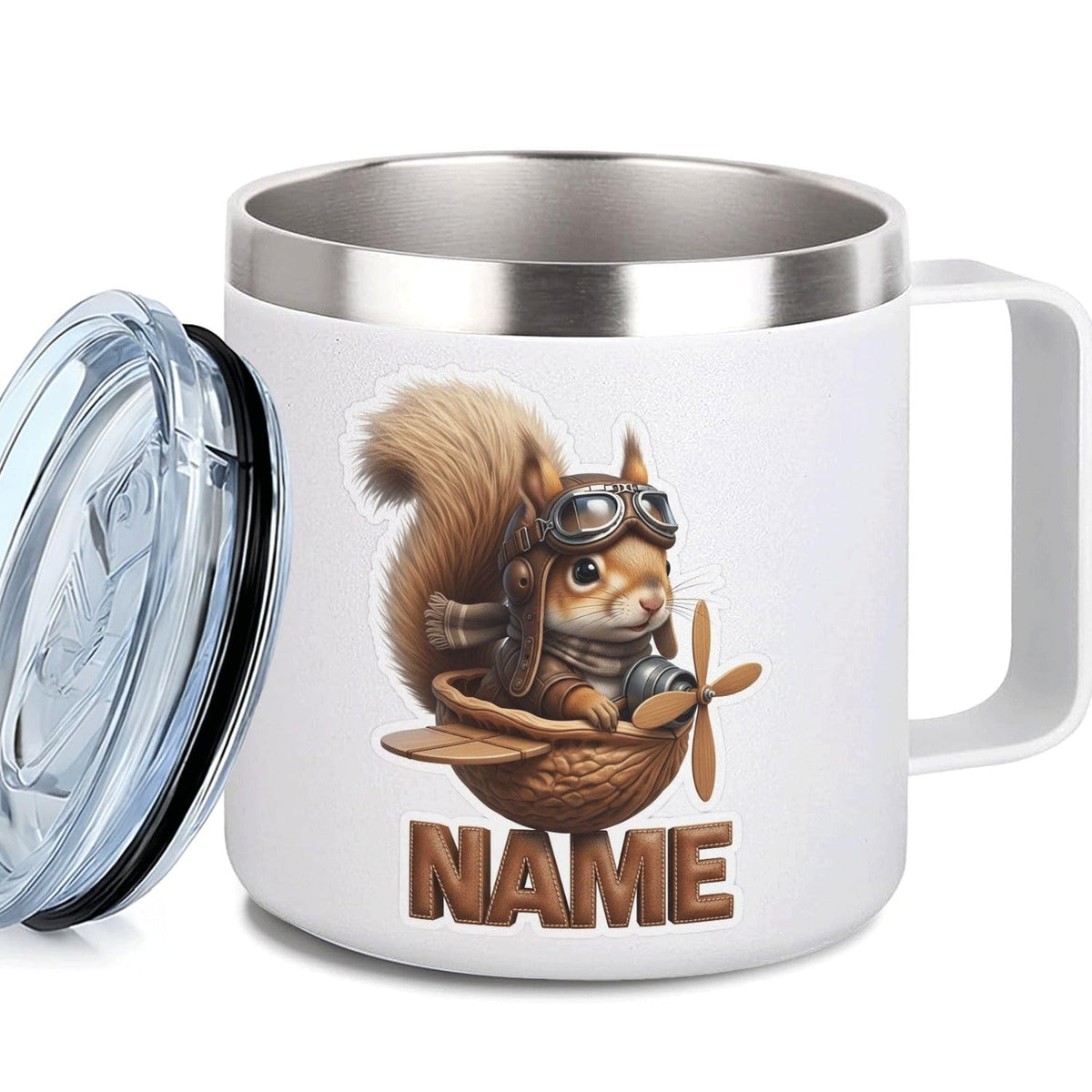 Leo Personalized Kids Mug with Lid, 10 oz Stainless Steel Insulated Camp Cup, Cartoon Lion Tropical Tiki Theme