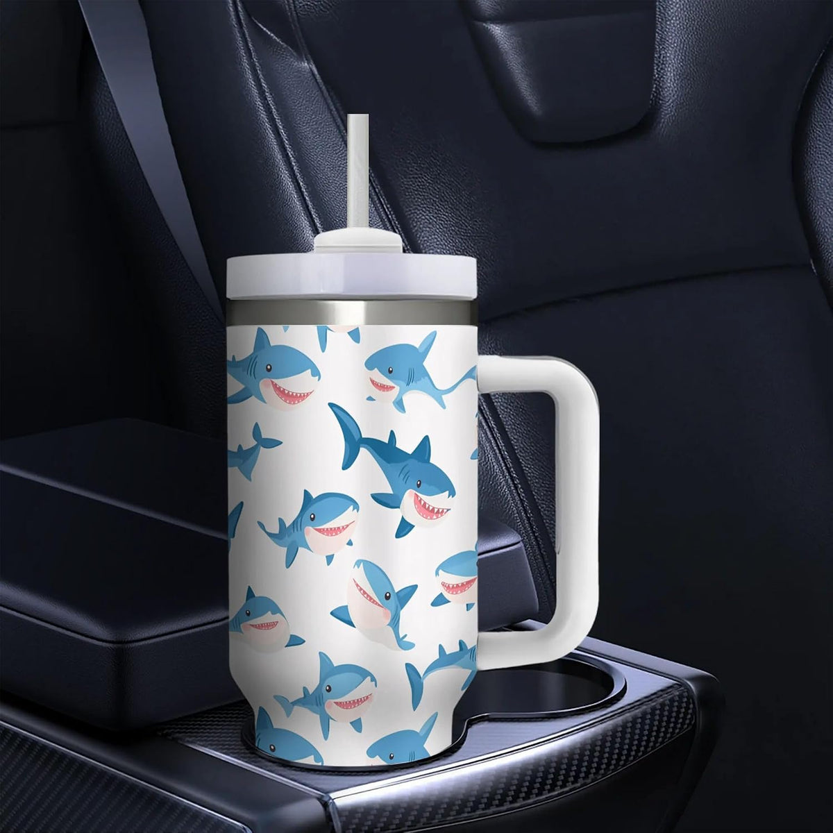 Cartoon Sharks 40 Oz (1200 ml) Ice Bully Cup with Handle Straw, Cute Sea Animals Stainless Steel Travel Insulated Tumbler, Personalized Coffee Mug for Birthday Festval Gifts