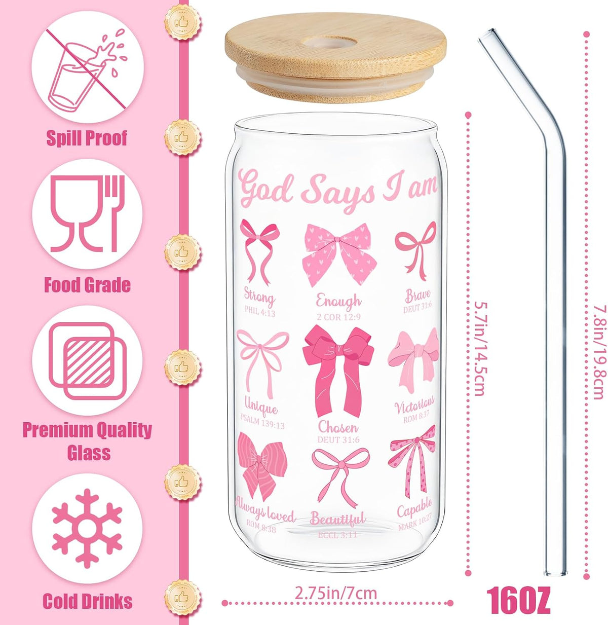 Christian Gifts For Women Girls Pink Bow Glass Cup with Lid and Straw
