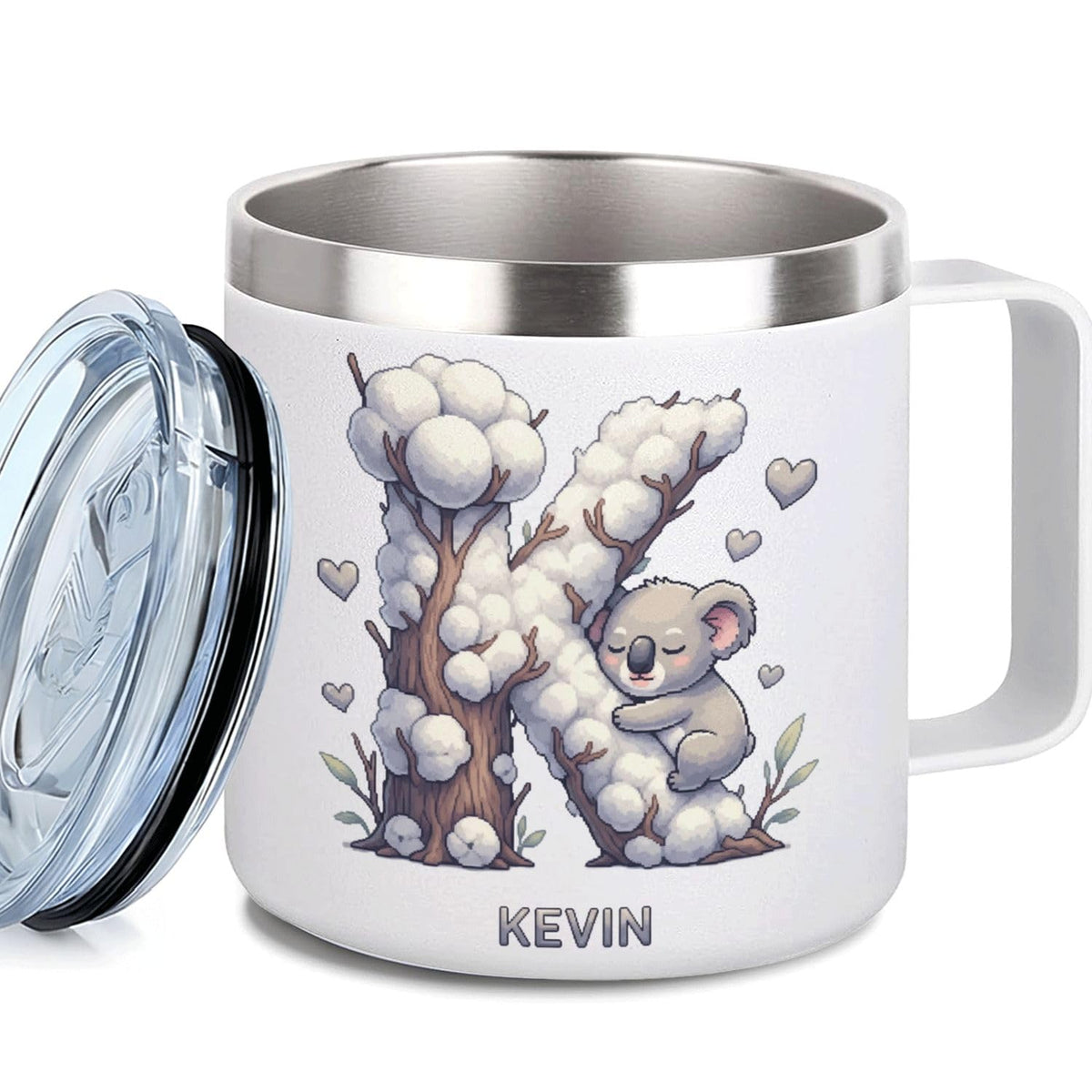 Leo Personalized Kids Mug with Lid, 10 oz Stainless Steel Insulated Camp Cup, Cartoon Lion Tropical Tiki Theme