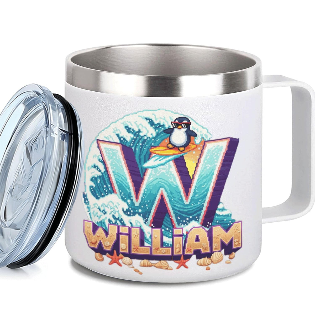 Leo Personalized Kids Mug with Lid, 10 oz Stainless Steel Insulated Camp Cup, Cartoon Lion Tropical Tiki Theme