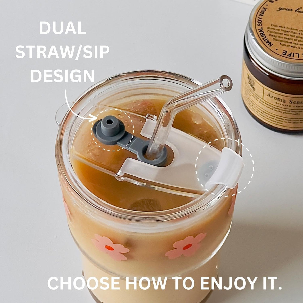 Olvini 13oz Glass Tumbler with Straw and Lid, Reusable Iced Coffee Cup Tumbler, Cute Glass Cups for Water, Matcha, Travel Coffee Mugs (Bon Appétit)