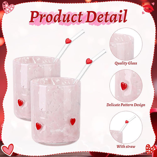 2Pcs 14oz Pink Heart Icon Juice Glass with Straws Gift Box