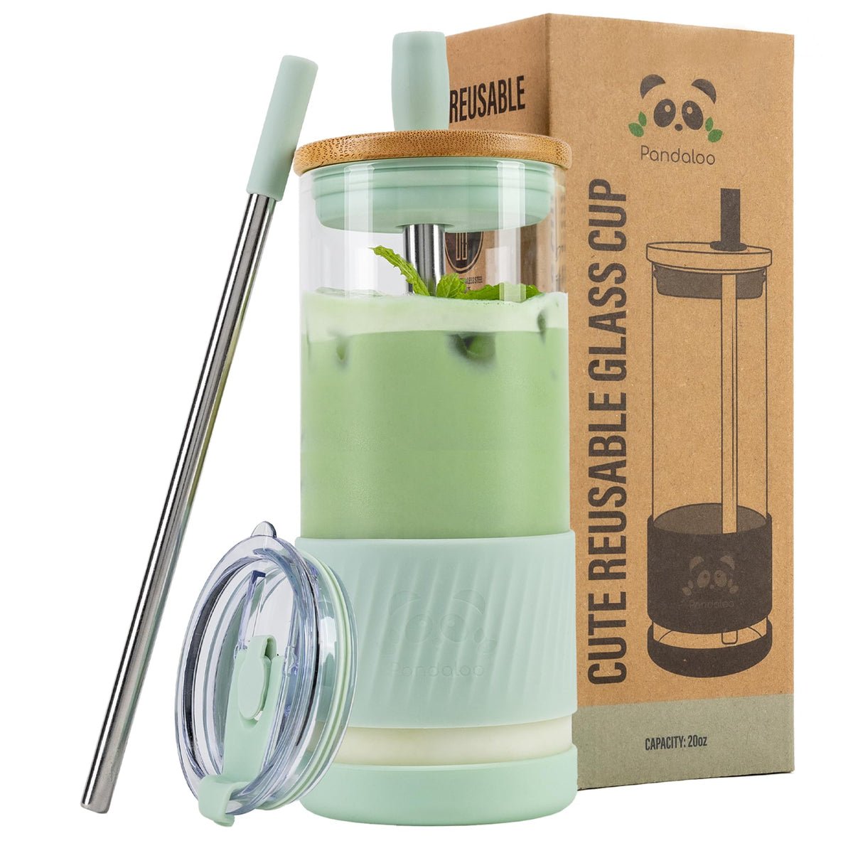 Pandaloo® Glass Cups With Lids and Straws -20 Fl Oz- Perfect Size Iced Coffee Cup - Smoothie Cup With Bamboo Lid and On the go Lid - Glass Tumbler With Straw (1 Count (Pack of 1), Tender Pink)