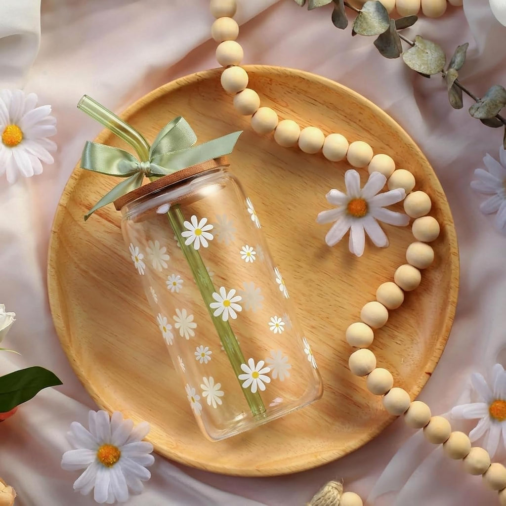 Cute Matcha Glass Cup Daisy Coffee Cups Birthday Gifts for Women