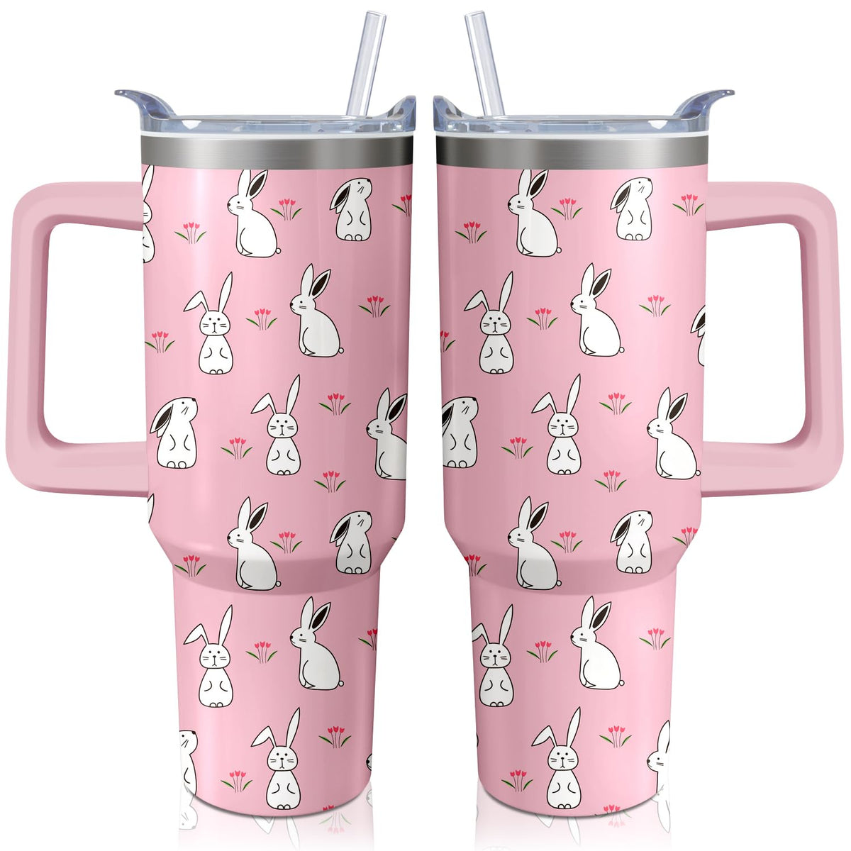 40oz Easter Bunny Tumbler with Handle and Straw, Rabbit Stainless Steel Travel Mug Water Bottle, Vacuum Insulated Cup, Gifts for Women Bunny Lovers