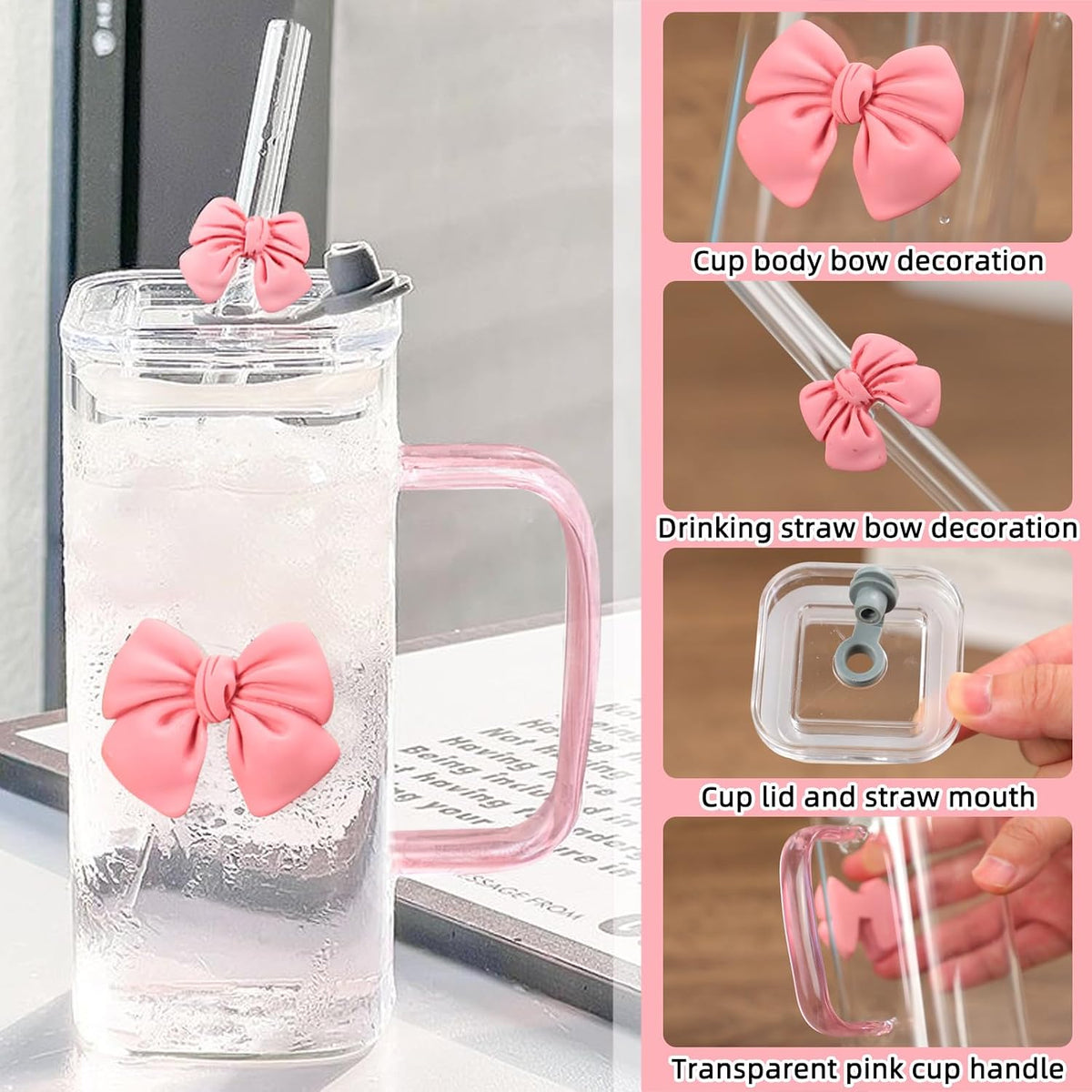 13Oz Square Glass Cups with Lids and Straws Cute Glass Tumbler with Handle