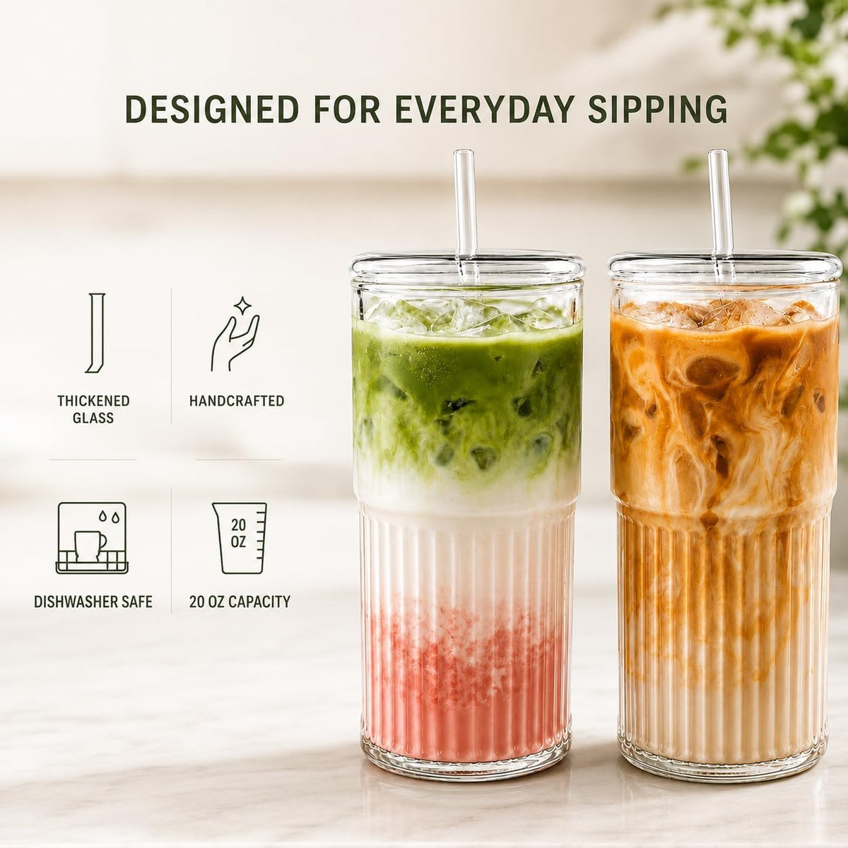 Luiaiog 20 oz Glass Cups with Lids and Straws, Ribbed, 2 Pack
