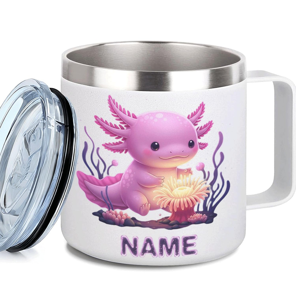 Leo Personalized Kids Mug with Lid, 10 oz Stainless Steel Insulated Camp Cup, Cartoon Lion Tropical Tiki Theme