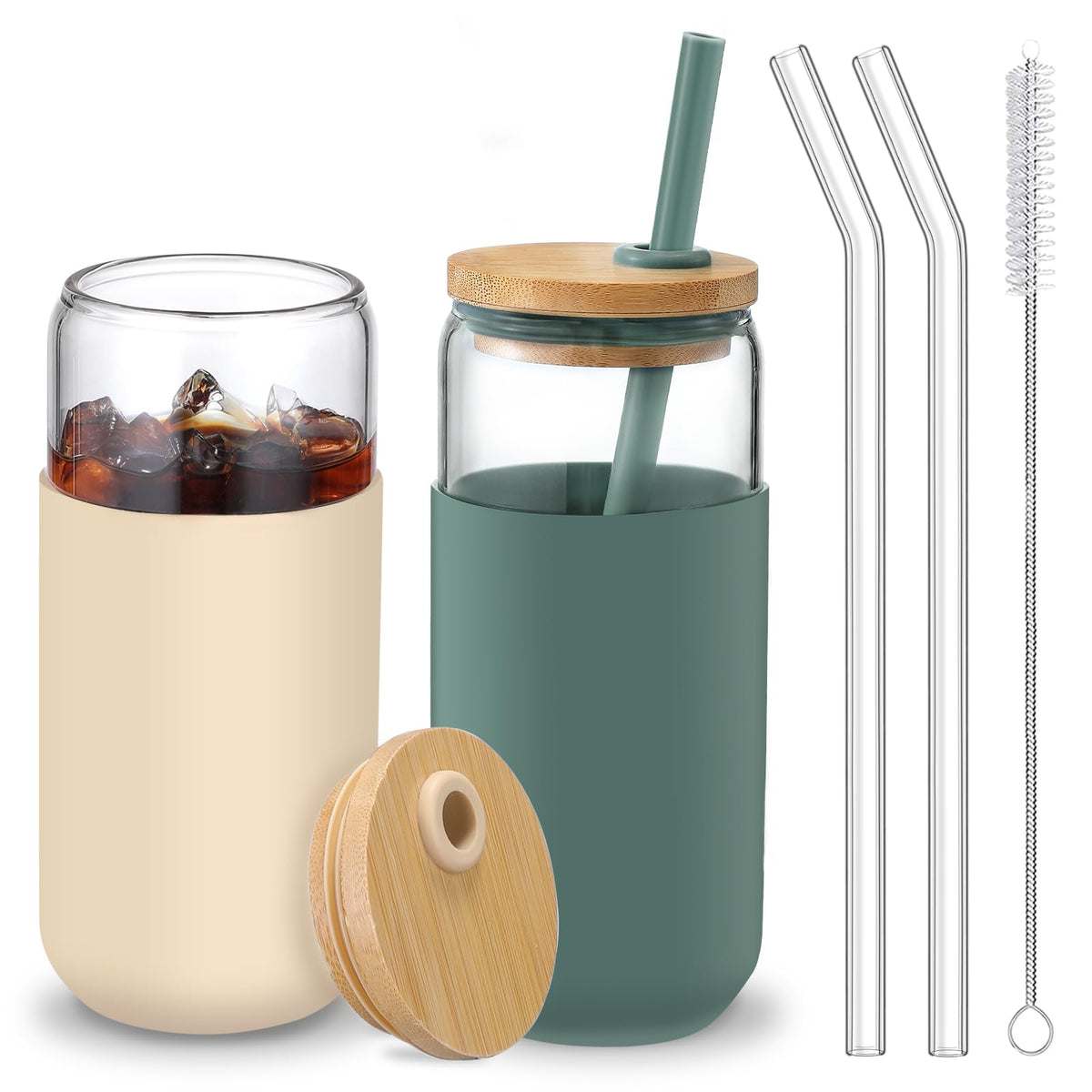 20oz Glass Water Tumbler with Silicone Protective Sleeve - Beer Shaped Glass Cups with Straw and Bamboo Lid, Iced Coffee Glasses, Cute Drinking Glasses for, Water Smoothie, Boba Tea, Gift - Pink