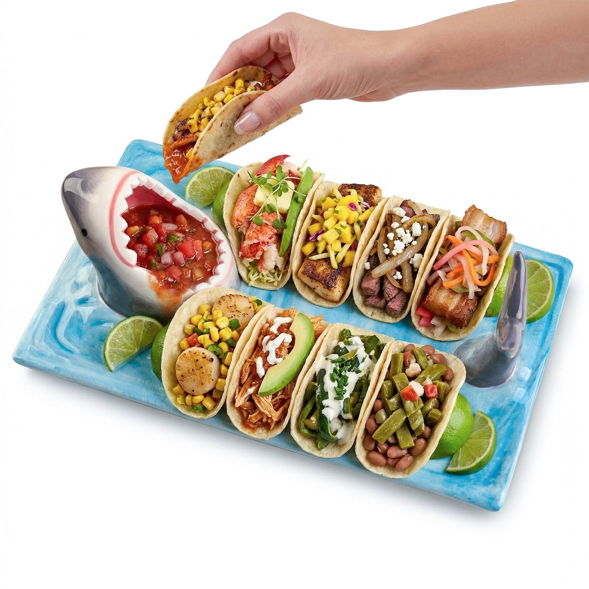 2 Pack Blue Ceramic Taco Holder, Shark Sushi Plate, Funny Handmade Kitchen Salad Plates with Dipping Sauce Bowl, Microwave/Oven/Dishwasher Safe Plates, Holiday Birthday Gifts for Shark Party Lovers