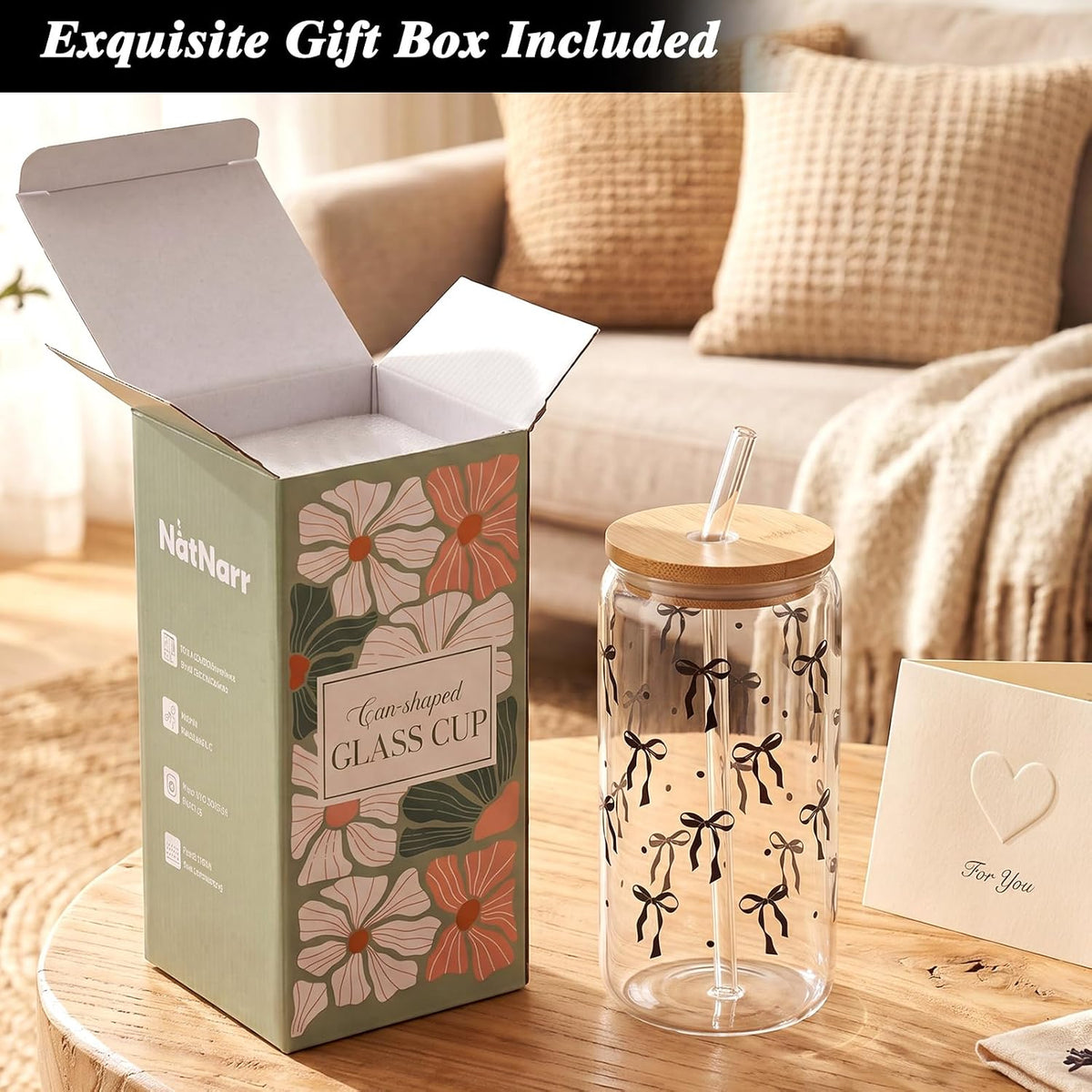 Black Bow Glass Cup with Lids And Straws Cute Halloween Gifts for Women