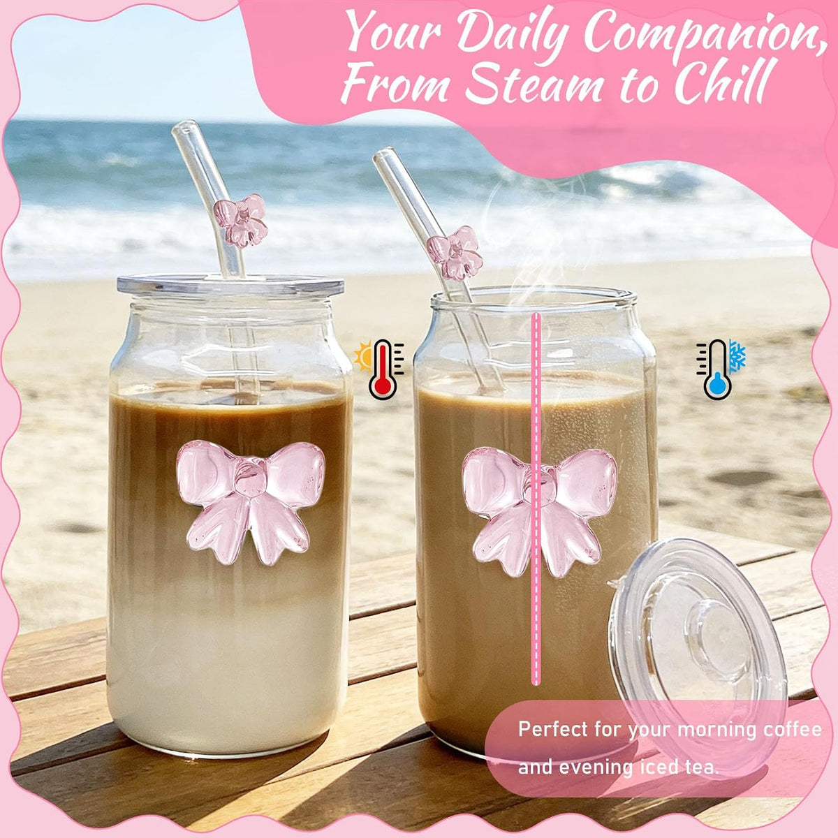 Cute Glass Cup Set | Pink Bow Matcha Cups| Aesthetic Iced Coffee Cup with Lid Straw Brush| 16OZ Preppy Girly Drinking Mug for Best Friend First Mom Coworkers Bestie Boss Girlfriend Daughter Gifts
