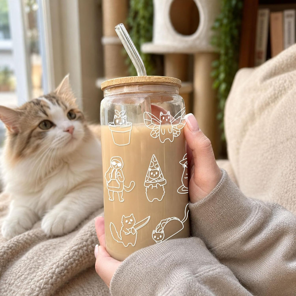 Mikopei Cat Gifts for Women, Cute Glass Cup with Lid and Straw 16 oz