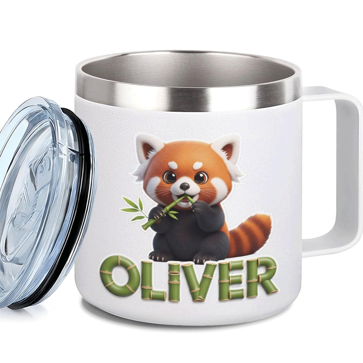 Leo Personalized Kids Mug with Lid, 10 oz Stainless Steel Insulated Camp Cup, Cartoon Lion Tropical Tiki Theme