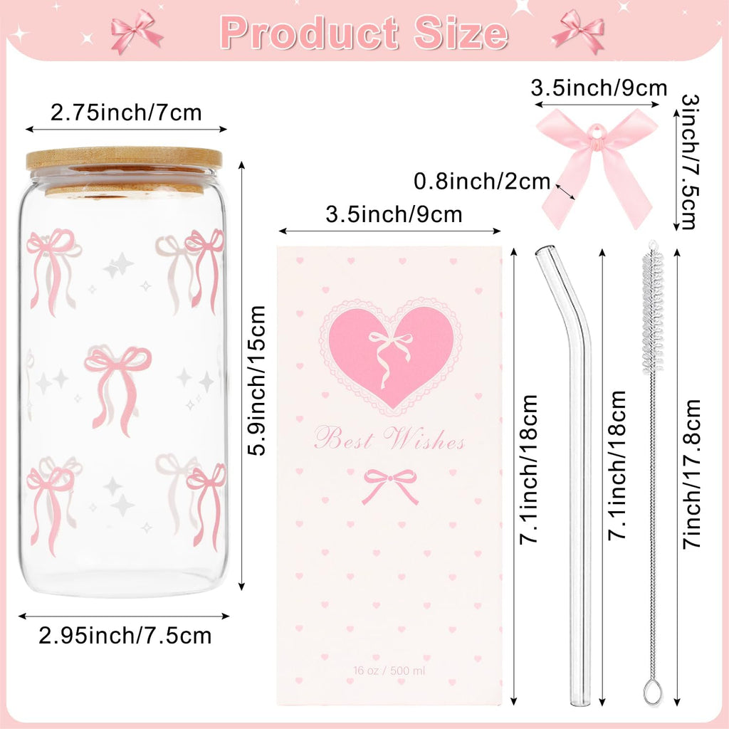 Coquette Pink Bow Glass Cup with Lid Straw Cute Girl Stuff