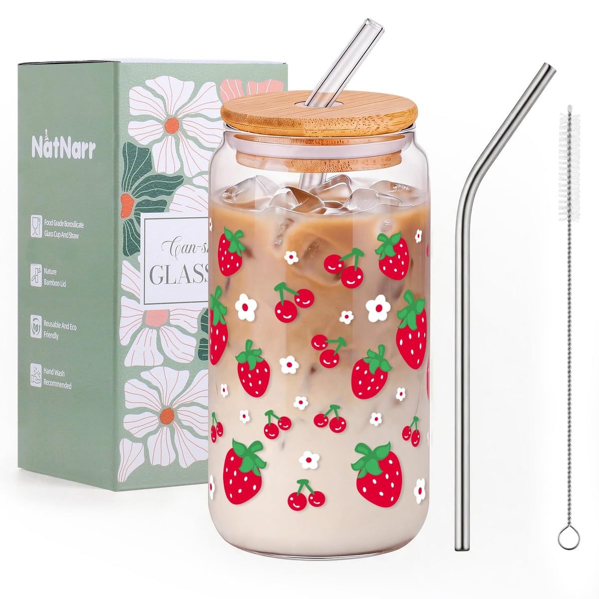Cute Glass Cups with Lids and Straws, Daisy Flower Cup for Iced Coffee