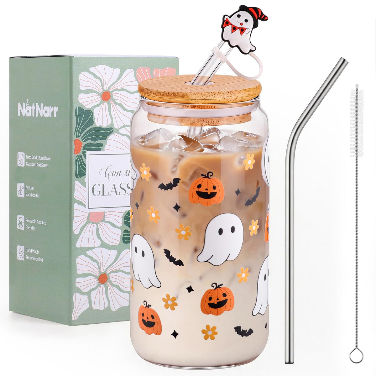 Black Bow Glass Cup with Lids And Straws Cute Halloween Gifts for Women