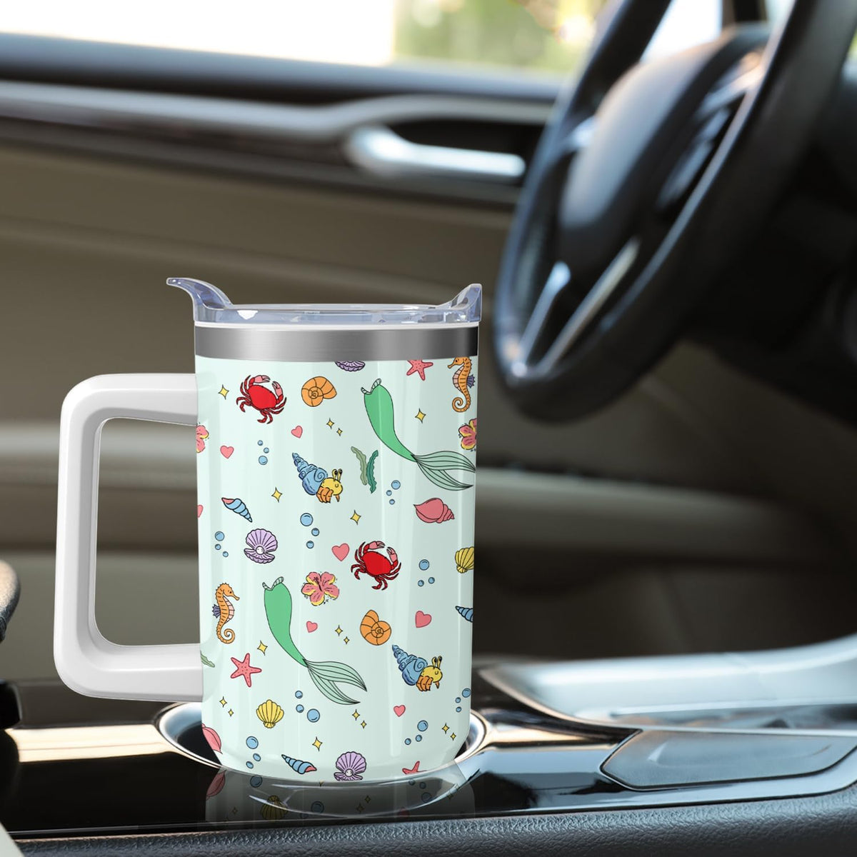 Cartoon Seafloor Princess Tumbler with Handle & Straw | Sea World | Travel Coffee Mug -Birthday/Christmas Gift to Girl/Women