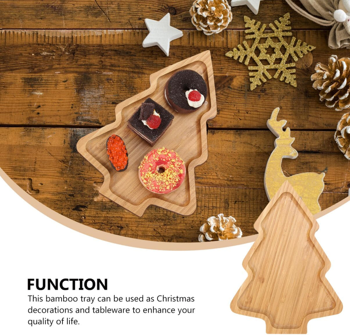 UPKOCH Christmas Bamboo Serving Tray Cartoon Design 11 Inch Salad Plate Sushi Dish for Home Kitchen Holiday Party Snacks Desserts