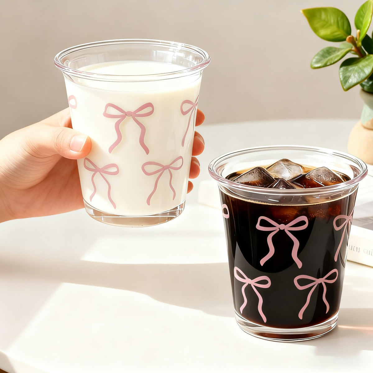 Pink Bow Glass Cups, 14oz Cute Aesthetic Bow Glass Cups for Iced Coffee, Matcha, Milk, Juice,Cocktail, Valentines/Birthday Gift for Women & Teen Girls