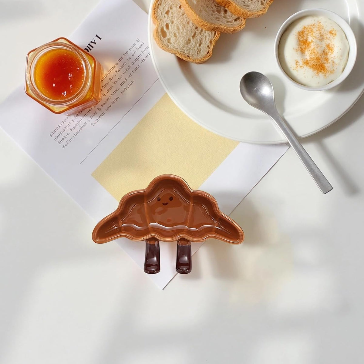 4.9 X 3.1 X 0.8 In Cartoon Croissant Ceramic Dish, Hand-Painted Underglaze Dessert Plate, Little Ones' Fruit Dessert Dipping Dishes